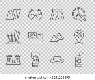 Set line Sand castle, Sunscreen spray bottle, Short or pants, cream in tube, Rubber flippers for swimming, Action camera, Man hat with ribbon and Plane icon. Vector