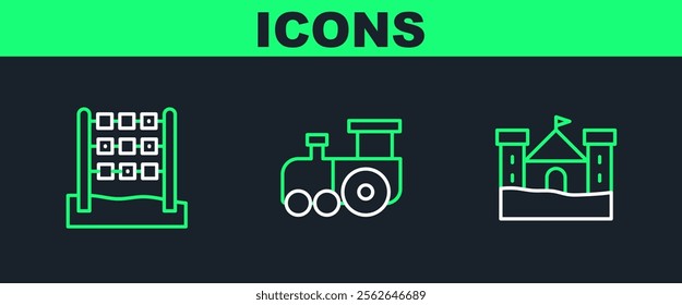 Set line Sand castle, Tic tac toe game and Toy train icon. Vector