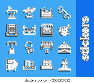 Set Line Sand Tower, Attraction Carousel, Horse In Saddle Swing, Skate Park, Boat, Tic Tac Toe Game, Swing Boat And Shooting Gallery Icon. Vector
