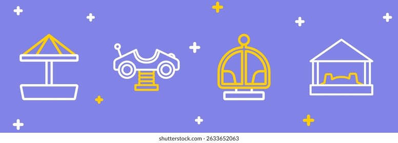 Set Linie Sandkasten mit Sand, Anziehungskarussell, Schaukel und Symbol. Vektorgrafik