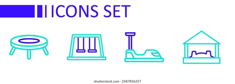 Set line Sandbox with sand, Bumper car, Swings for kids and Jumping trampoline icon. Vector