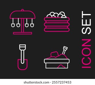 Set line Sandbox with sand, Shovel toy, Pool balls and Attraction carousel icon. Vector