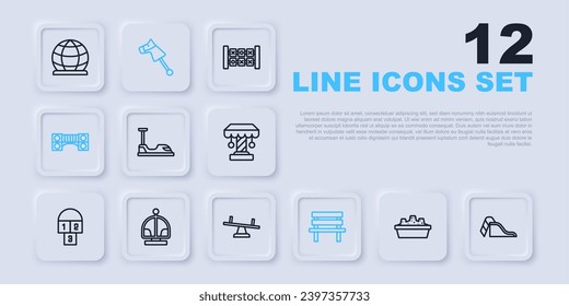 Set line Sandbox with sand, Slide playground, Bumper car, Bench, Playground kids bridge, Attraction carousel, Toy horse and Seesaw icon. Vector