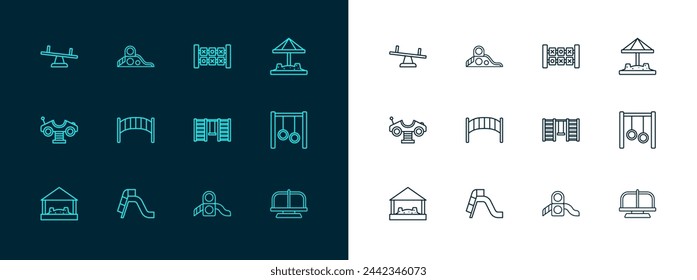 Set line Sandbox con arena, Slide playground, pared sueca, Puente infantil Playground, Juego de lógica de educación, Sierra y icono. Vector