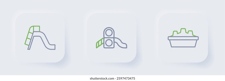 Set line Sandbox with sand, Slide playground and  icon. Vector