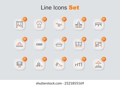 Set línea Sandbox con arena, barra Horizontal deportiva, patio de deslizamiento, coche oscilante, equipo de escalada de patio, tubo de deslizamiento para niños e ícono. Vector