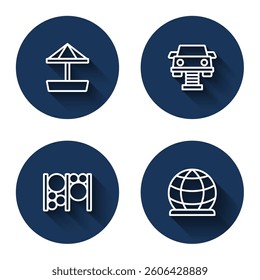 Set line Sandbox with sand, Swing car, Playground climbing equipment and  with long shadow. Blue circle button. Vector