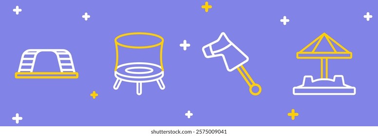 Set line Sandbox with sand, Toy horse, Jumping trampoline and Monkey bar icon. Vector