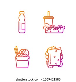 Set line Sandwich, Asian noodles in paper box and chopsticks, Bottle of water and Paper glass with drinking straw and hotdog. Gradient color icons. Vector