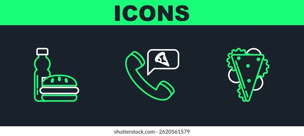 Set line Sandwich, Bottle of water burger and Food ordering pizza icon. Vector