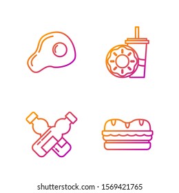 Set line Sandwich, Crossed bottle of water, Scrambled eggs and Paper glass with drinking straw and donut. Gradient color icons. Vector