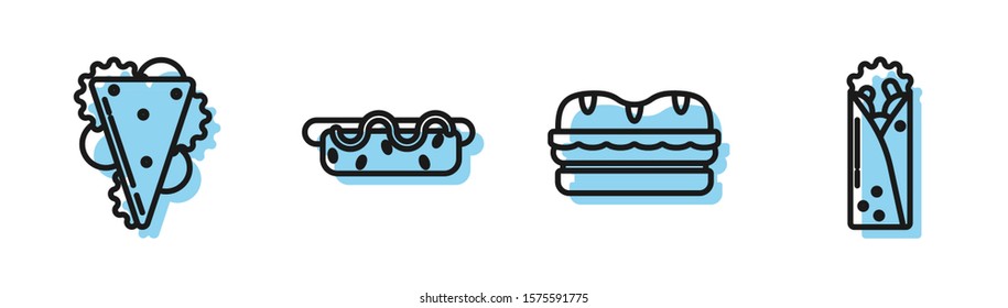 Set line Sandwich, Sandwich, Hotdog sandwich with mustard and Doner kebab icon. Vector