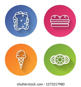 Set line Sandwich, Sandwich, Ice cream in waffle cone and Donut with sweet glaze. Color circle button. Vector