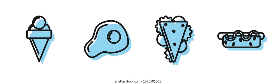 Set line Sandwich, Ice cream in waffle cone, Scrambled eggs and Hotdog sandwich with mustard icon. Vector