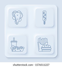 Set line Sandwich, Ice cream, Paper glass with drinking straw and hotdog and Burger and french fries in carton package box. White square button. Vector