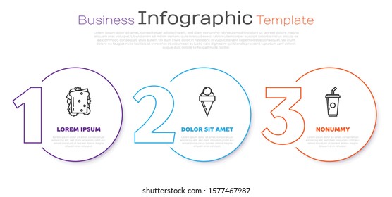 Set line Sandwich, Ice cream in waffle cone and Paper glass with drinking straw and water. Business infographic template. Vector