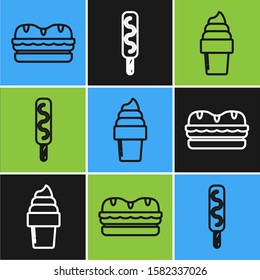 Set line Sandwich, Ice cream in waffle cone and Ice cream icon. Vector