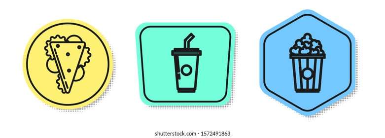 Set line Sandwich, Paper glass with drinking straw and water and Popcorn in cardboard box. Colored shapes. Vector
