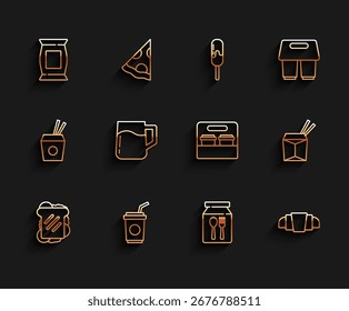 Set linha sanduíche, vidro de papel com palha, saco ou pacote de batatas fritas, entrega de pedido on-line, Croissant, caneca de cerveja de madeira, macarrão asiático pauzinhos e café xícara go ícone. Vetor