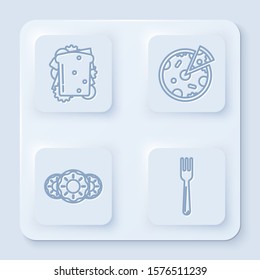 Set line Sandwich, Pizza, Donut with sweet glaze and Fork. White square button. Vector