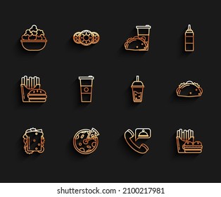 Set line Sandwich, Pizza, Popcorn in bowl, Food ordering, Burger french fries carton package box, Paper glass water, Taco with tortilla and Glass of lemonade drinking straw icon. Vector