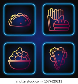 Set line Sandwich, Popcorn in bowl, Taco with tortilla and Burger and french fries in carton package box. Gradient color icons. Vector