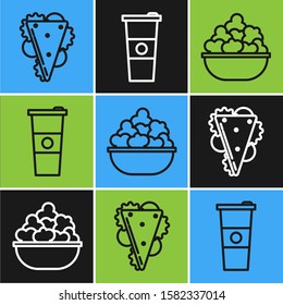 Set line Sandwich, Popcorn in bowl and Paper glass and water icon. Vector