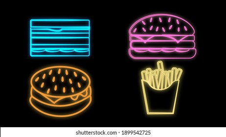 Set line Sandwich, Popcorn in bowl, Taco with tortilla and Burger and french fries in carton package box. Gradient color icons. Vector