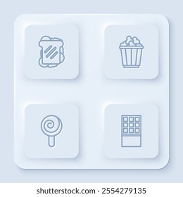 Set line Sandwich, Popcorn in box, Lollipop and Chocolate bar. White square button. Vector