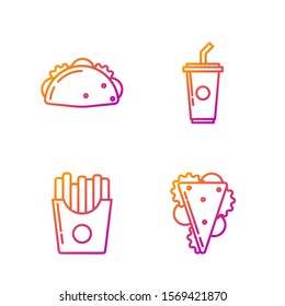 Set line Sandwich, Potatoes french fries in carton package box, Taco with tortilla and Paper glass with drinking straw and water. Gradient color icons. Vector