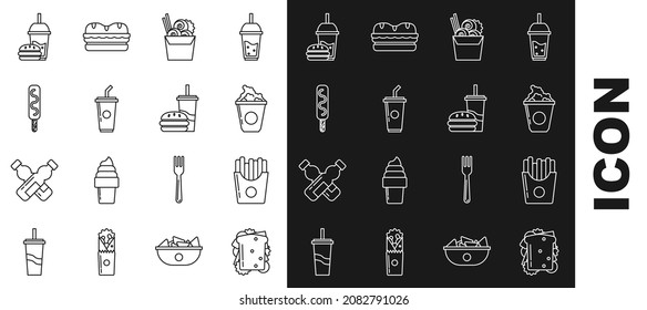 Set line Sandwich, Potatoes french fries in carton package box, Popcorn cardboard, Asian noodles paper chopsticks, Paper glass with drinking straw water, Ice cream, burger and  icon. Vector