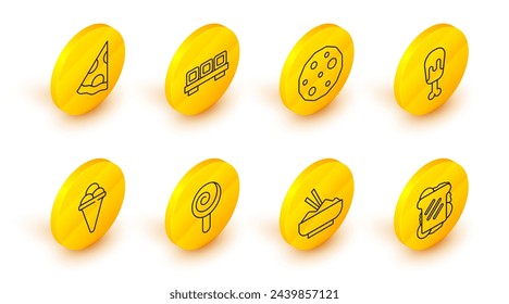 Set line Sandwich, Rice in bowl with chopstick, Lollipop, Ice cream waffle cone, Chicken leg, Cookie or biscuit, Sushi cutting board and Slice of pizza icon. Vector