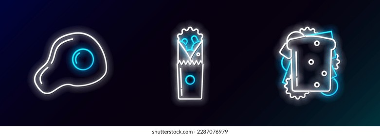 Ponga la línea Sandwich, huevos revueltos y el icono Doner kebab. Neón brillante. Vector