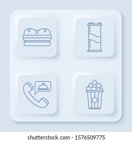 Set line Sandwich, Soda can, Food ordering and Popcorn in cardboard box. White square button. Vector
