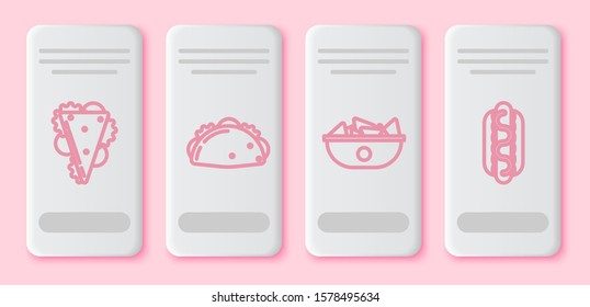 Set line Sandwich, Taco with tortilla, Nachos in plate and Hotdog sandwich with mustard. White rectangle button. Vector