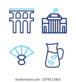 Set line Sangria, Fan flamenco, Prado museum and Aqueduct of Segovia icon. Vector