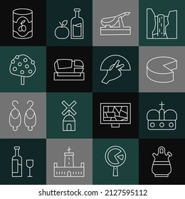 Set line Sangria pitcher, Crown of spain, Cheese, Spanish jamon, Stadium Mestalla, Orange tree, Olives can and Fan flamenco icon. Vector