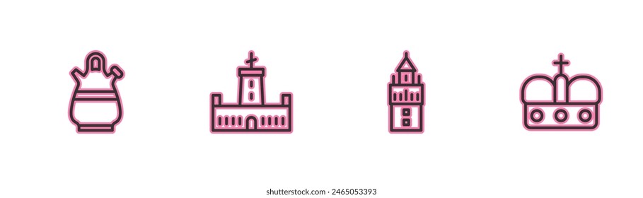 Set line Sangria pitcher, Giralda, Montjuic castle and Crown of spain icon. Vector