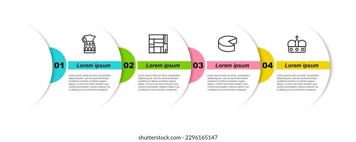 Set line Sangria pitcher, House Edificio Mirador, Cheese and Crown of spain. Business infographic template. Vector