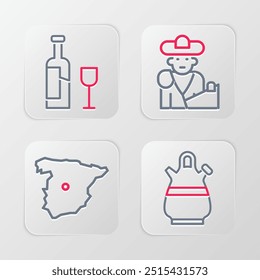 Set line Sangria pitcher, Map of Spain, Bullfight, matador and Wine bottle with glass icon. Vector