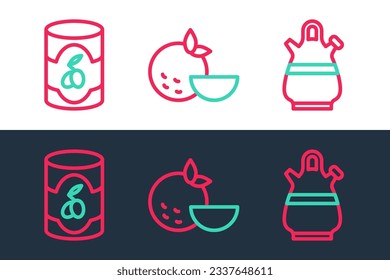 Set line Sangria pitcher, Olives in can and Orange fruit icon. Vector