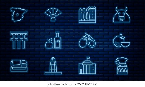 Set line Sangria pitcher, Orange fruit, Dali museum, Apple cider bottle, Aqueduct of Segovia, Map Spain, Castanets and Fan flamenco icon. Vector