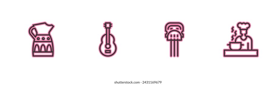 Set line Sangria pitcher, Peineta, Spanish guitar and cook icon. Vector