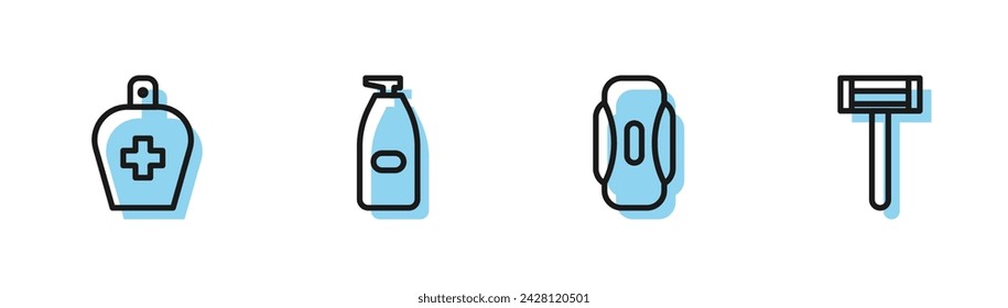Set line Sanitary napkin, Bottle of liquid antibacterial soap,  and Shaving razor icon. Vector