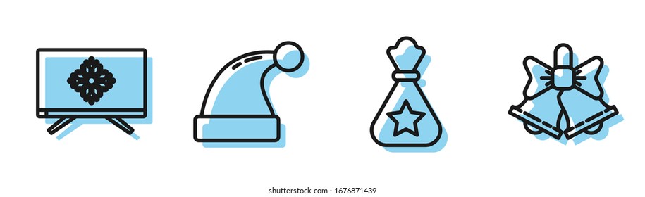 Set line Santa Claus bag gift, Merry Christmas on television, Christmas Santa Claus hat and Merry Christmas ringing bell icon. Vector
