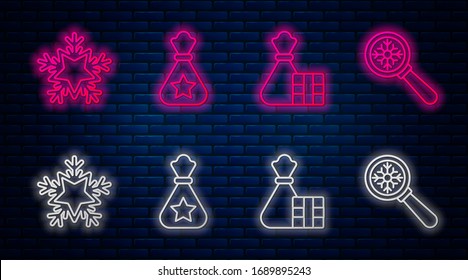 Set line Santa Claus bag gift, Gift box and bag, Snowflake and Magnifying glass with snowflake. Glowing neon icon on brick wall. Vector