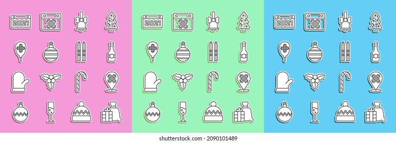 Set line Santa Claus bag gift, Snowflake, Champagne bottle, Merry Christmas ringing bell, ball, Balloons with snowflake, Calendar and Ski and sticks icon. Vector