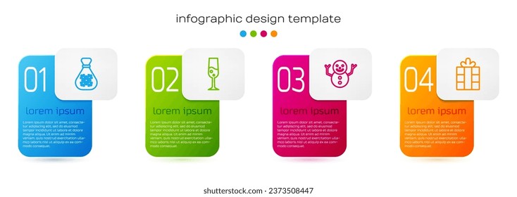 Ponga en línea el regalo de la bolsa de Santa Claus, el vaso de champán, el muñeco de nieve de Navidad y la caja de regalo. Plantilla de infografía empresarial. Vector