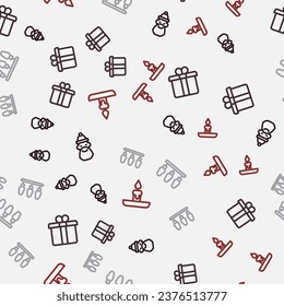 Set line Santa Claus hat and beard, Gift box, Christmas lights and Burning candle on seamless pattern. Vector