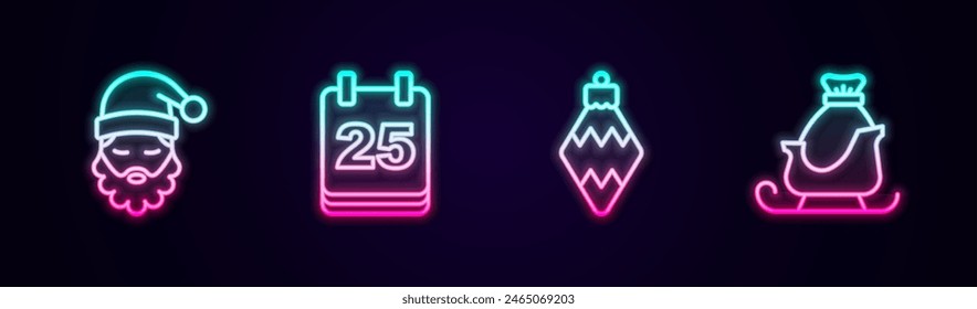 Set line Santa Claus hat and beard, Christmas day calendar, toy and santa claus sleigh. Glowing neon icon. Vector